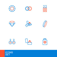 Set line Shopping bag jewelry, Diamond engagement ring box, Earrings, Wedding, and icon. Vector