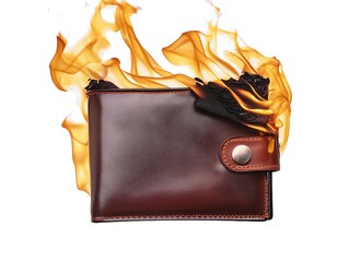 Wallet burning in fire on white background, illustrating spending money or being wasteful. design elements