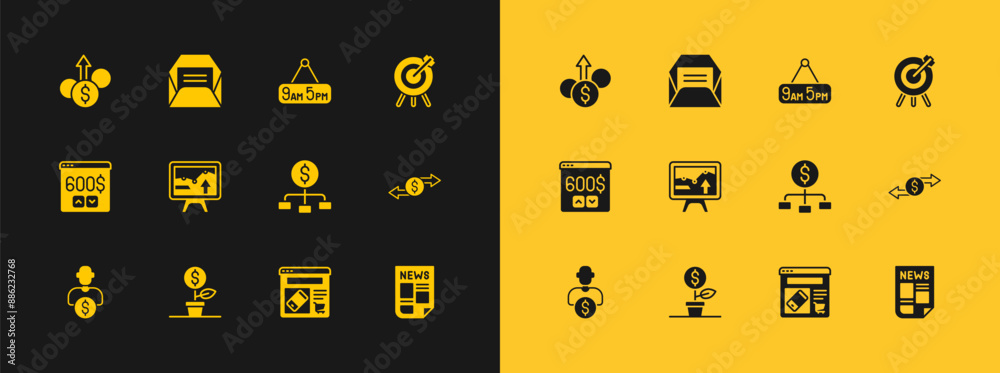 Canvas Prints Set Target financial goal, Dollar plant, Hierarchy with dollar, Online shopping on screen, Monitor graph chart, From 9 5 job, Financial growth and Envelope icon. Vector