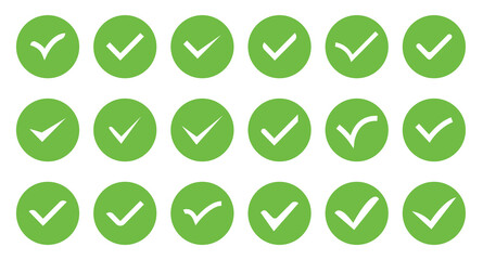 Green check mark icon set. circle check mark. Tick symbol in green color. Hand drawn checkmark illustration. Vector
