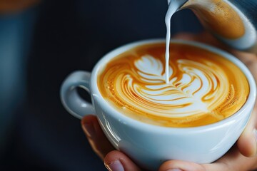 National Coffee Day celebration, barista making latte art, close up, coffee culture, vibrant, overlay, cafe backdrop
