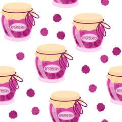 Raspberry jam seamless pattern. Confiture, jelly preserves, homemade marmalade. Endless background, texture, print for wallpaper, textile, wrapping design. Colored flat vector illustration