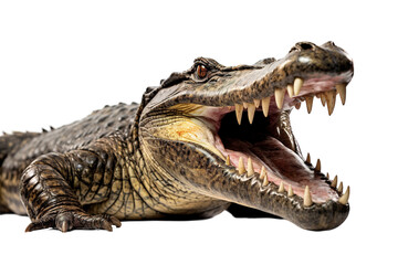 A Close-Up Portrait of an American Alligator With Its Mouth Agaping in a Studio Setting on a White or Clear Surface PNG Transparent Background.