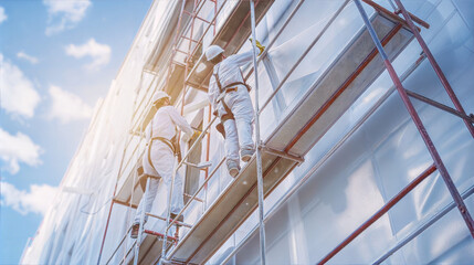 Obraz premium Construction Workers on Scaffolding Painting Building Facade on a Sunny Day