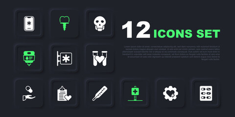 Set Heart with cross, Pills in blister pack, Emergency - Star of Life, Location hospital, IV bag, Patient record, Dental implant and Medical thermometer icon. Vector