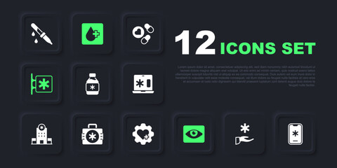 Set Cross hospital medical, Emergency call 911, Bottle of medicine syrup, Red eye effect, - Star Life, First aid kit, Blood test and Heart with cross icon. Vector