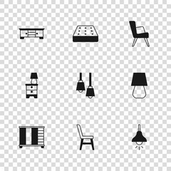 Set Chair, Table lamp, Lamp hanging, Armchair, TV table stand, Mattress and Furniture nightstand with icon. Vector