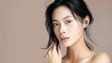 Naklejka premium Beautiful Asian Woman model with natural make up and clean fresh skin 