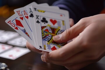 Gambler holding a winning hand of cards while playing cards at a casino