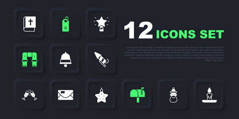 Set Santa Claus hat and beard, Burning candle, Christmas ringing bell, Mail box, Winter scarf, Envelope, Discount percent tag and star icon. Vector