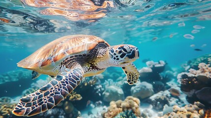 Obraz premium Turtle swimming in deep blue ocean coral reef for Tropical Marine Life concept. AI generated