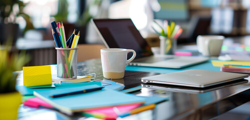 A stylish office desk featuring a laptop, a coffee cup, and an array of colorful stationery.