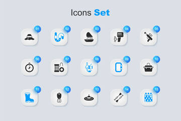 Set Oars or paddles boat, Spinning reel for fishing, Worm, Fishing boots, net pattern, Case box equipment, Fisherman hat and icon. Vector