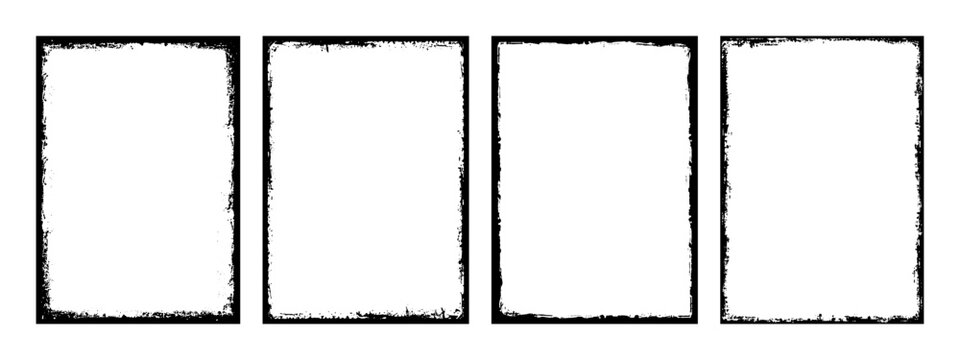 Grunge photo frame template collection. Grunge frames for photo collage, stories and social network media. Rectangular old rough edge effect border for picture overlay. Set of vector illustration.