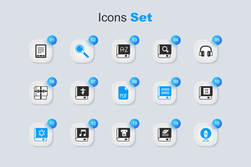 Set Book about ecology, Holy bible book, Magnifying glass, Jewish torah, Microphone, E-Book reader and PDF file document icon. Vector