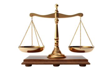A Golden Scale of Justice, Balancing on a Wooden Base Against a White Background on a White or Clear Surface PNG Transparent Background.
