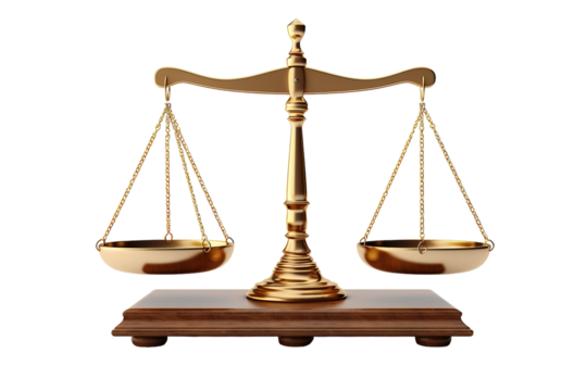 A Golden Scale of Justice, Balancing on a Wooden Base Against a White Background on a White or Clear Surface PNG Transparent Background.