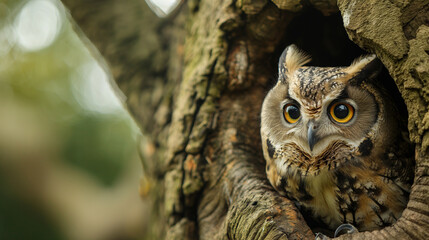 A telephoto angle photo of an owl peering out from a hollow in an ancient tree, its eyes glowing softly in the dim forest light, with copy space