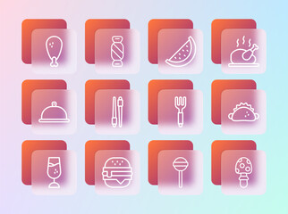 Set line Roasted turkey or chicken, Burger, Fork, Lollipop, Food chopsticks, Watermelon, Chicken leg and Candy icon. Vector