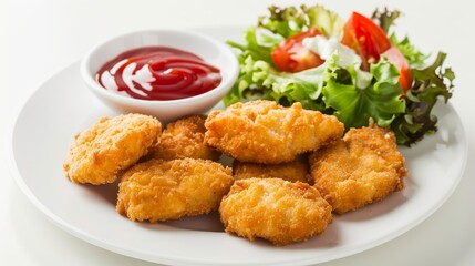 Crispy Chicken Nuggets with Salad and Ketchup, chicken nuggets , fast food , dinner , delicious