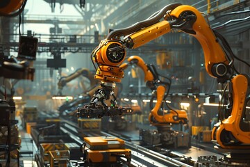 The image should depict a robotic arm evenly applying paint to products on a production line, highlighting reduced material costs and improved coating quality. The background features a modern factory