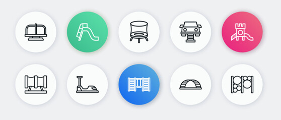 Set line Swedish wall, Slide playground, Kid slide pipe, Monkey bar, Swing car, Jumping trampoline, Playground climbing equipment and Bumper icon. Vector