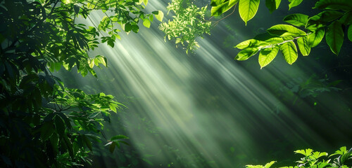 Fototapeta premium A lush green forest with sunlight gently filtering through the dense foliage of tall trees, creating a serene and natural ambiance.
