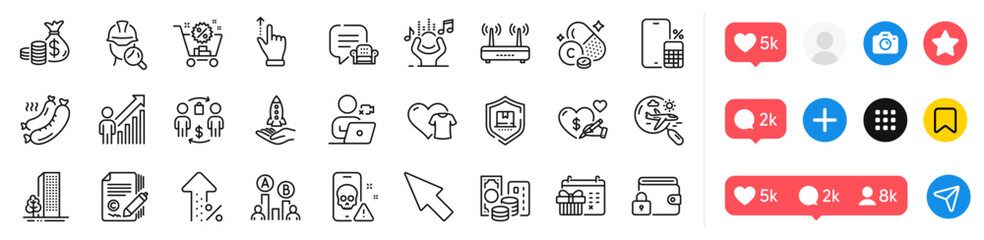 Clothing, Coins bag and Ab testing line icons pack. Social media icons. Shopping cart, Lock, Lounge place web icon. Crowdfunding, Copywriting, Noise pictogram. Vector