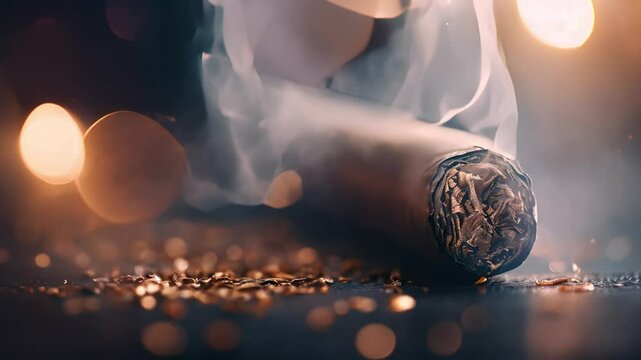 Close-up of a cigar on a dark background with slowly moving smoke.