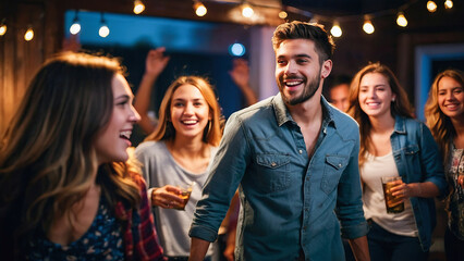 Naklejka premium Happy friends enjoying a house party, dancing and socializing in a fun and festive atmosphere.