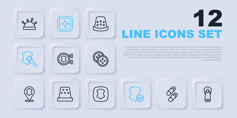 Set line Closed steel safety pin, Zipper, Leather, Thimble for sewing, Sewing button clothes and icon. Vector