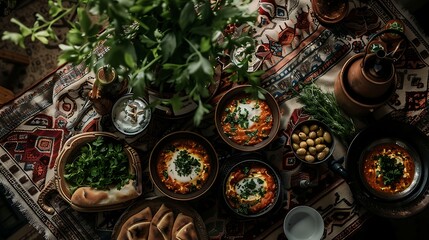 A traditional Arabic breakfast setting of dishes shakshuka labneh olives and flatbreads on a table
