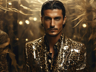 Stylish man in a leopard-print suit, posing confidently against a matching background. Perfect for fashion, luxury, and editorial content