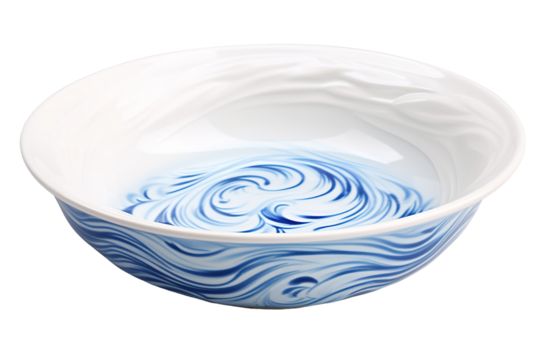 A Blue and White Porcelain Bowl With Swirling Waves on a White or Clear Surface PNG Transparent Background.