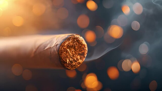 Close-up of a cigar on a dark background with slowly moving smoke.