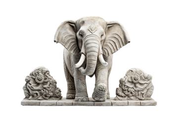 A Stone Elephant Statue Stands Guard Over Two Ornate Flower Sculptures on a White or Clear Surface PNG Transparent Background.