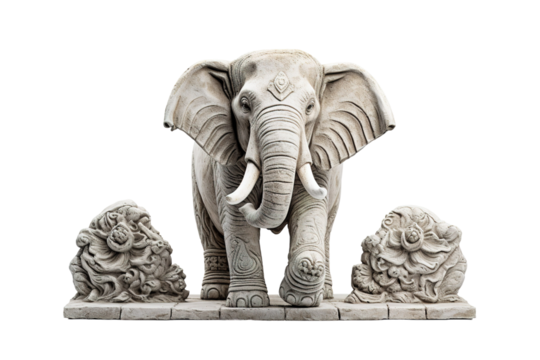 A Stone Elephant Statue Stands Guard Over Two Ornate Flower Sculptures on a White or Clear Surface PNG Transparent Background.