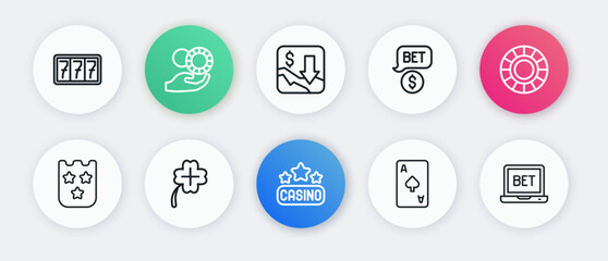 Set line Casino signboard, chips, Lottery ticket, Playing card with spades symbol, dollar, Financial growth decrease, Online sports betting and slot machine clover icon. Vector