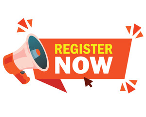 Vector banner register now with megaphone. Speech bubble label with register now. Vector illustration.
