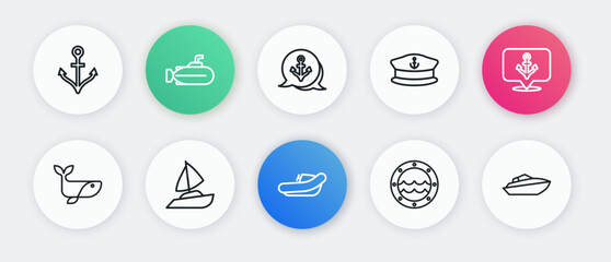 Set line Inflatable boat with motor, Anchor, Whale, Ship porthole, Captain hat, Speedboat and Yacht sailboat icon. Vector