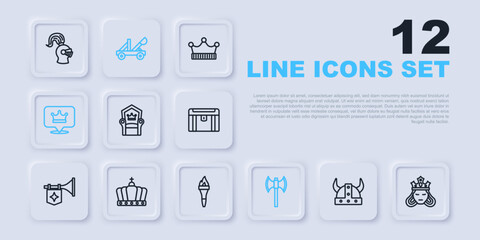 Set line Viking in horned helmet, Princess queen, Medieval throne, poleaxe, King crown, catapult and Torch flame icon. Vector
