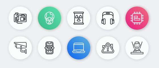 Set line Laptop, Processor CPU, Security camera, Exclamation mark in triangle, Headphones, Radioactive waste barrel, Hologram and Computer vision icon. Vector