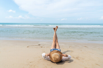 Lifestyle woman and relax chill on beach background. Travel summer vacations, copy space for banner.Summer vacations