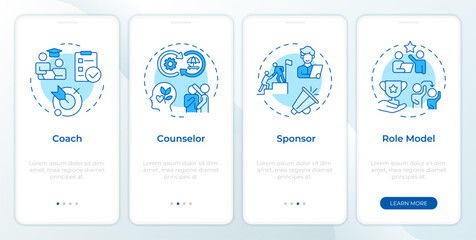 Common mentor roles blue onboarding mobile app screen. Walkthrough 3 steps editable graphic instructions with linear concepts. UI, UX, GUI template. Montserrat SemiBold, Regular fonts used