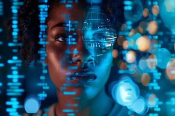 AI cyber security threat, female african american IT specialist analysing futuristic holographic data information. blue 