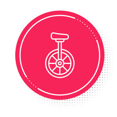 White line Unicycle or one wheel bicycle icon isolated on white background. Monowheel bicycle. Red circle button. Vector © Iryna