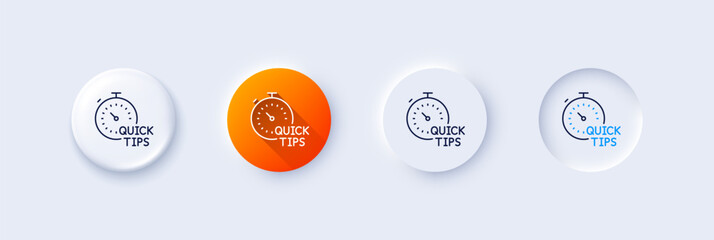 Quick tips line icon. Neumorphic, Orange gradient, 3d pin buttons. Helpful tricks sign. Tutorials with timer symbol. Line icons. Neumorphic buttons with outline signs. Vector