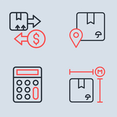 Set line Location with cardboard box, Calculator, Cardboard measurement and Tax icon. Vector