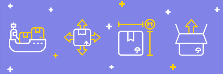 Set line Unboxing, Cardboard measurement, Carton cardboard and Cargo ship with boxes delivery icon. Vector