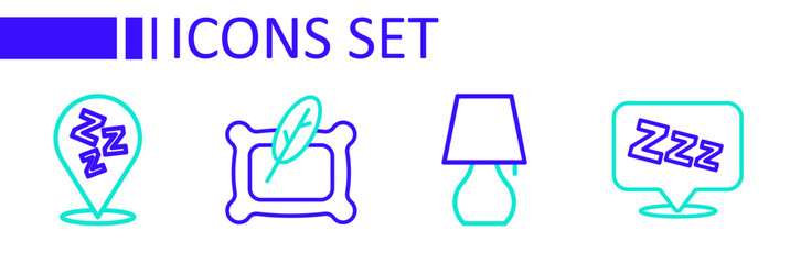 Set line Sleepy, Table lamp, Pillow and icon. Vector